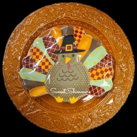 4 Colorful Ceramic Turkey Shaped Thanksgiving Salad / App/ Dessert Plate Set New - Picture 7 of 12